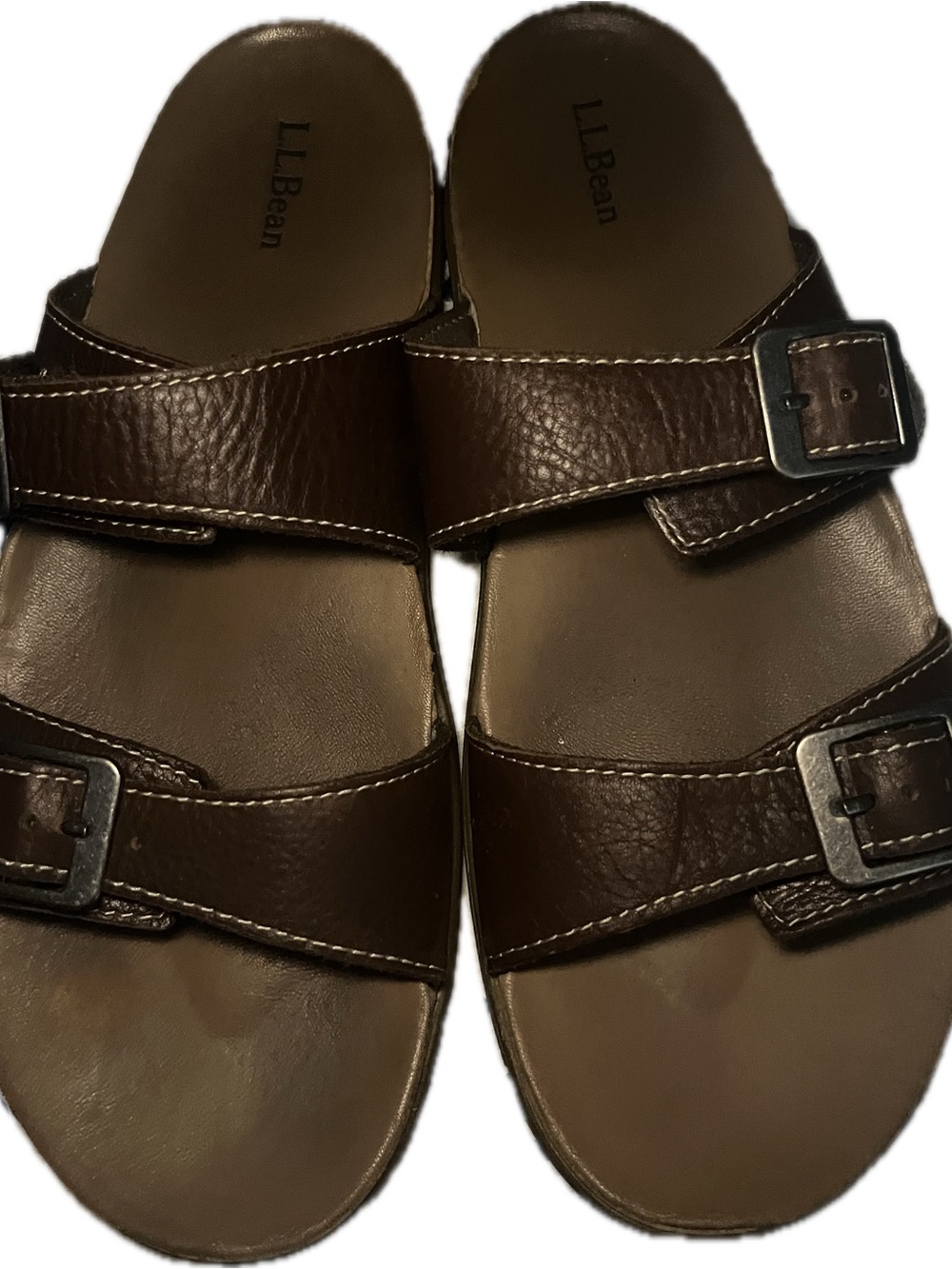 L.L. Bean Dark Brown Double-Buckle Leather Slide Sandals